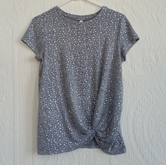 More Than Magic Silver Star Short Sleeve Tee Grey Stretch Tie Front Cute Whimsy - Picture 2 of 11